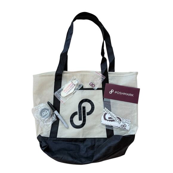 Poshmark Posh Swag Bag Filled With 5 Posh Merchandise Items Cream Black Tote - Picture 1 of 9
